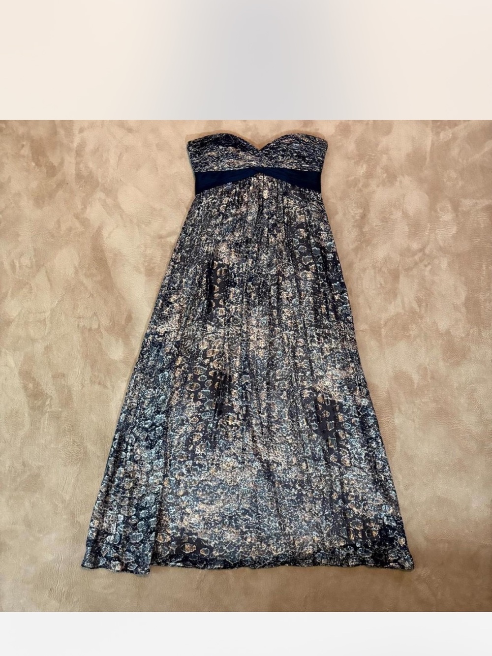 BCBGMaxAzria Navy and Cream Strapless Printed Maxi Dress